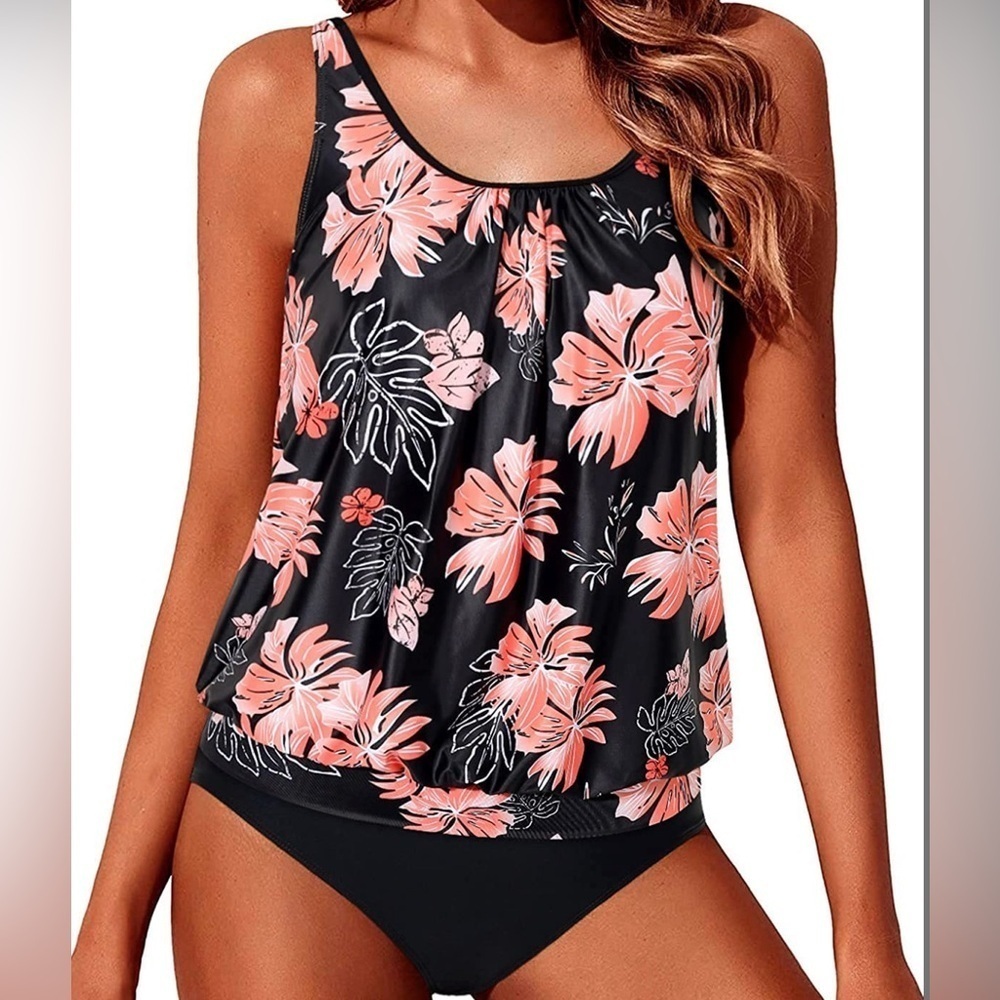 Yonique Two Piece Swimsuits For Women Loose Fit Swimwear Pink Orange Floral XXL
